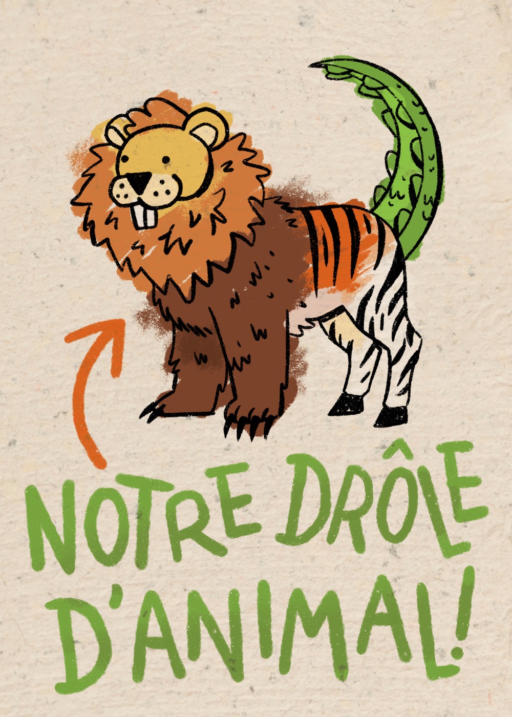 Dessin d’un animal imaginaire avec une tête de lion, un corps d’ours, des rayures de tigre et de zèbre et une queue verte feuillue, avec la mention « Notre drôle d’animal! »